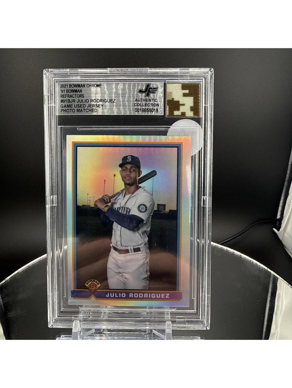2021 Bowman Chrome Julio Rodriguez with Camo Game Worn Patch Beckett 9